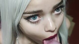 Blonde smearing her lipstick sucking my dick