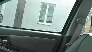 MILF in bathrobe without panties and bra washes window of apartment. Nude in public. Naked in public. Big natural tits MILF