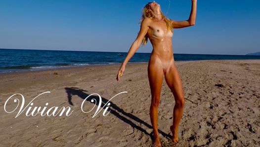 Naked Workout on the beach –  a beautiful skinny milf with small tits